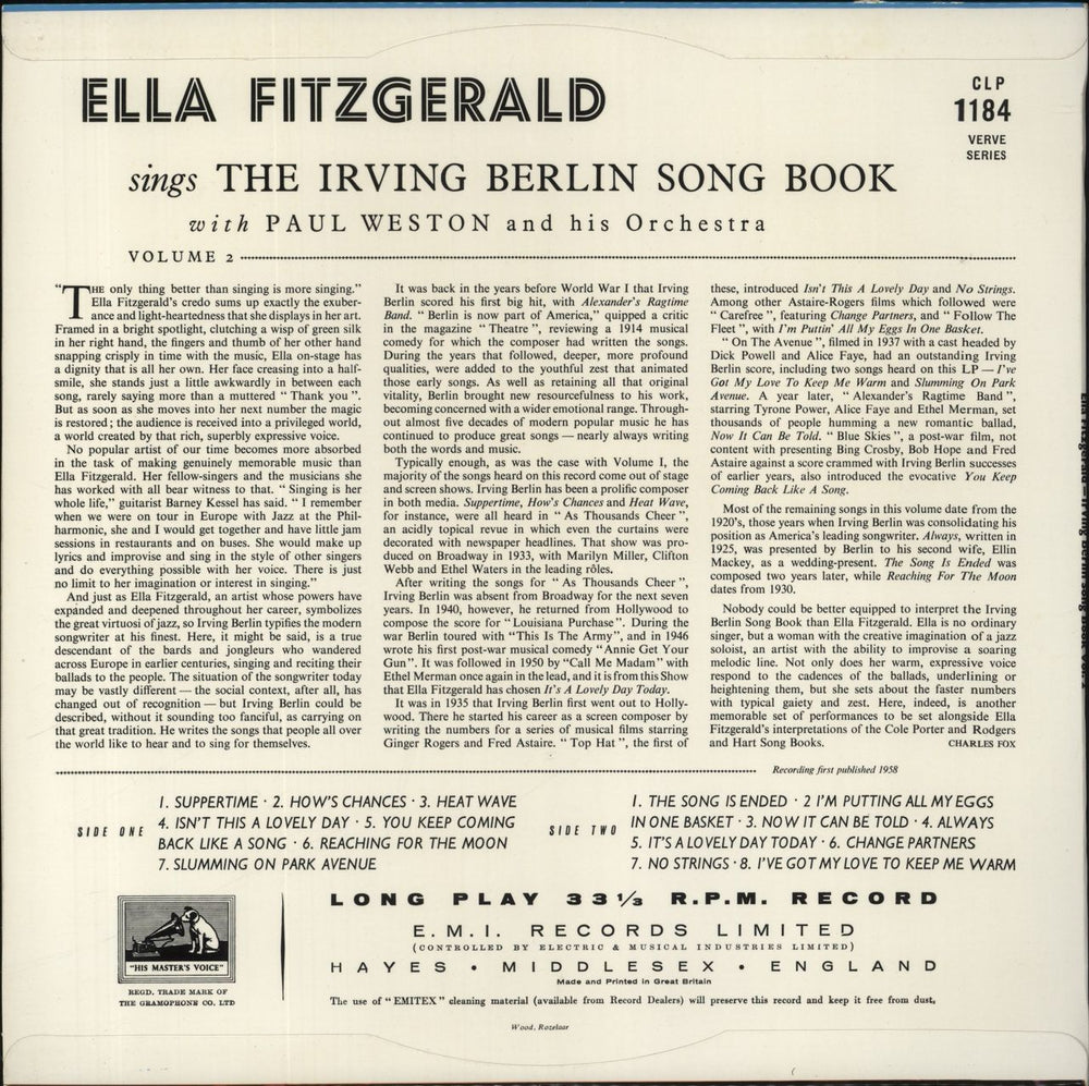 Ella Fitzgerald Ella Fitzgerald Sings The Irving Berlin Song Book Vol. 2. UK vinyl LP album (LP record)