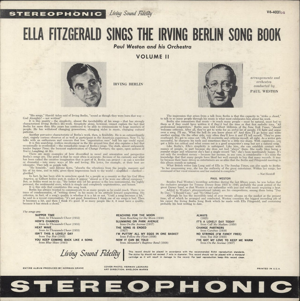 Ella Fitzgerald Sings The Irving Berlin Song Book - Volume 2 US vinyl LP album (LP record)
