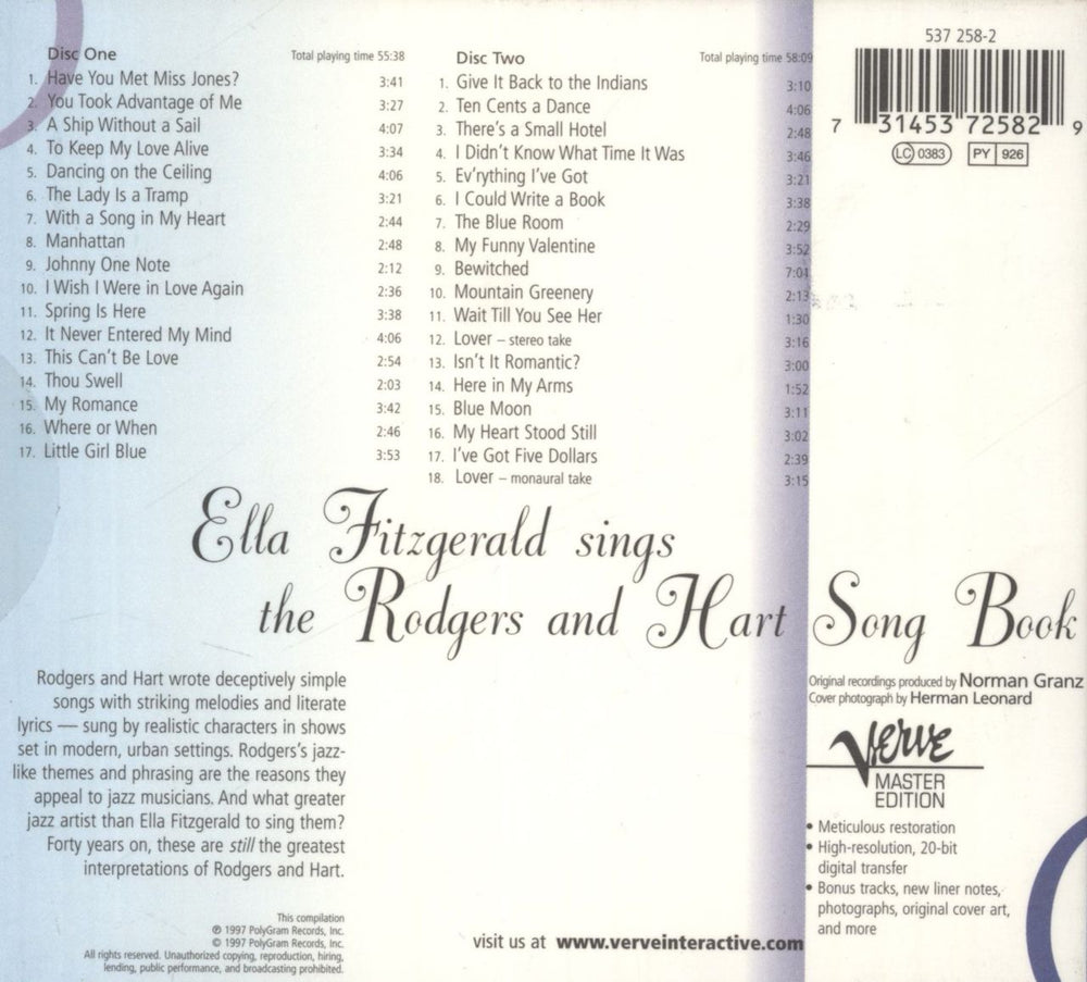 Ella Fitzgerald Sings The Rodgers And Hart Song Book UK 2 CD album set (Double CD)