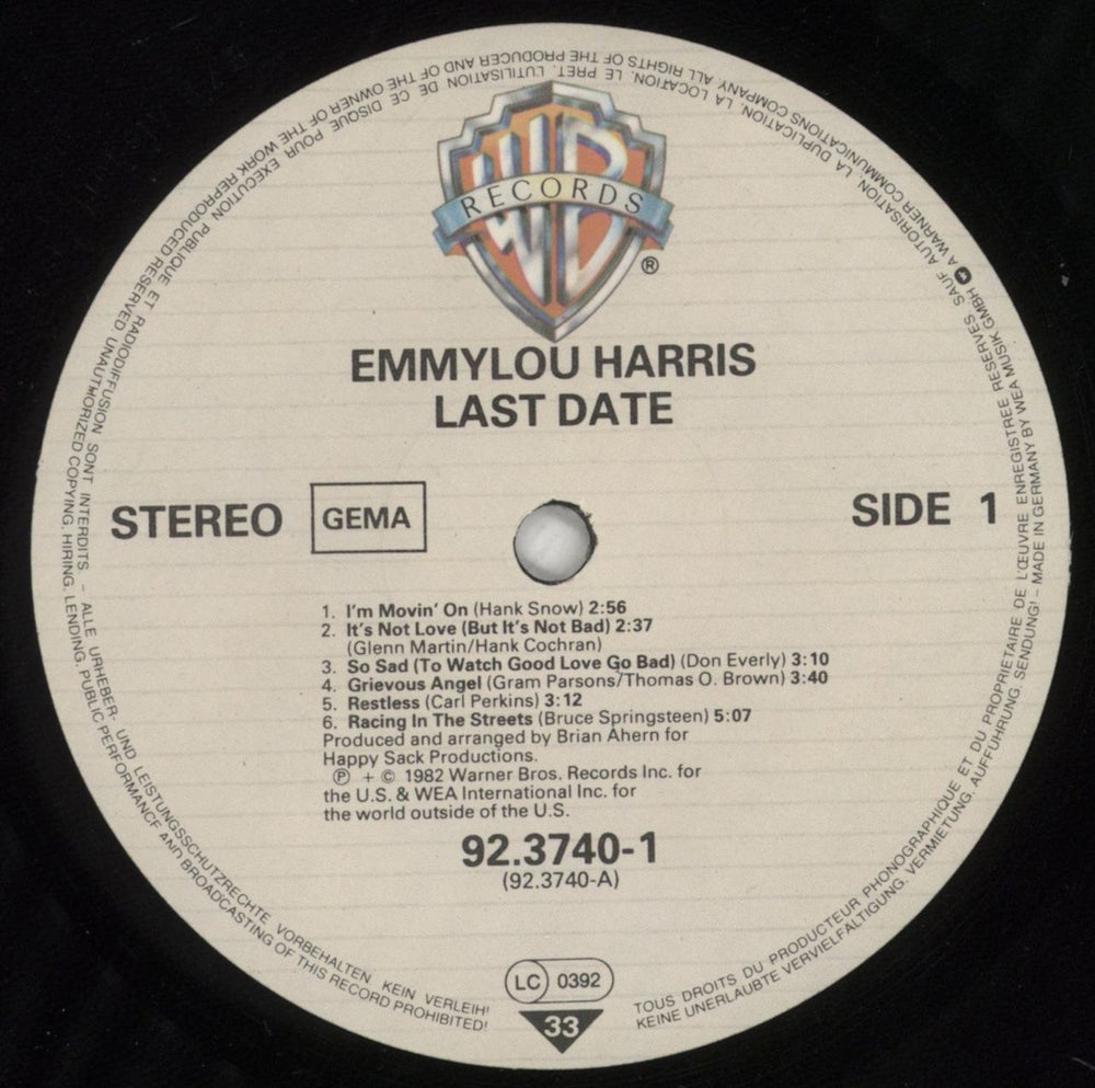 Emmylou Harris Last Date UK vinyl LP album (LP record) ELHLPLA498842