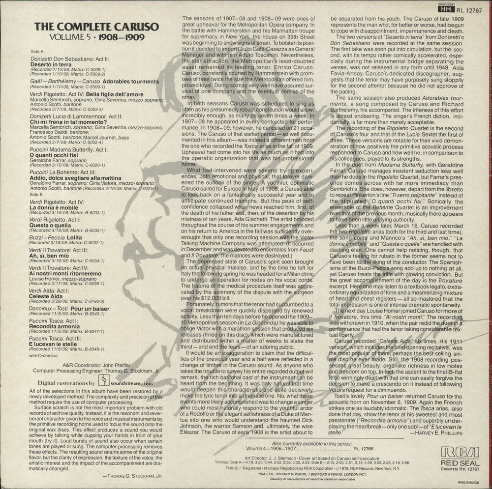 Enrico Caruso The Complete Enrico Caruso, Volume 5, 1908-1909 UK vinyl LP album (LP record)