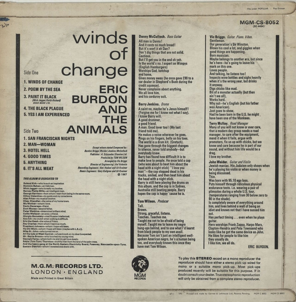 Eric Burdon & The Animals Winds Of Change - Stereo - VG/EX UK vinyl LP album (LP record) EBALPWI596757