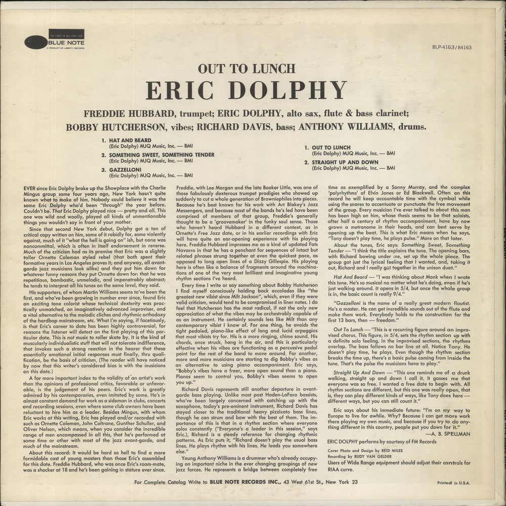 Eric Dolphy Out To Lunch US vinyl LP album (LP record)