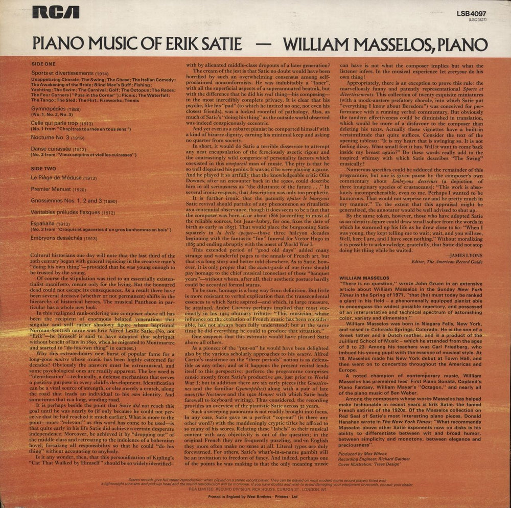 Erik Satie Piano Music Of Erik Satie UK vinyl LP album (LP record)