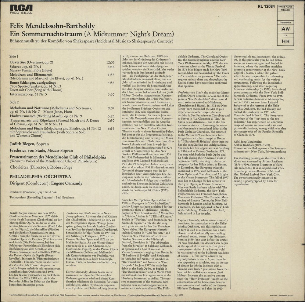 Felix Mendelssohn Mendelssohn: A Midsummer Night's Dream Italian vinyl LP album (LP record)