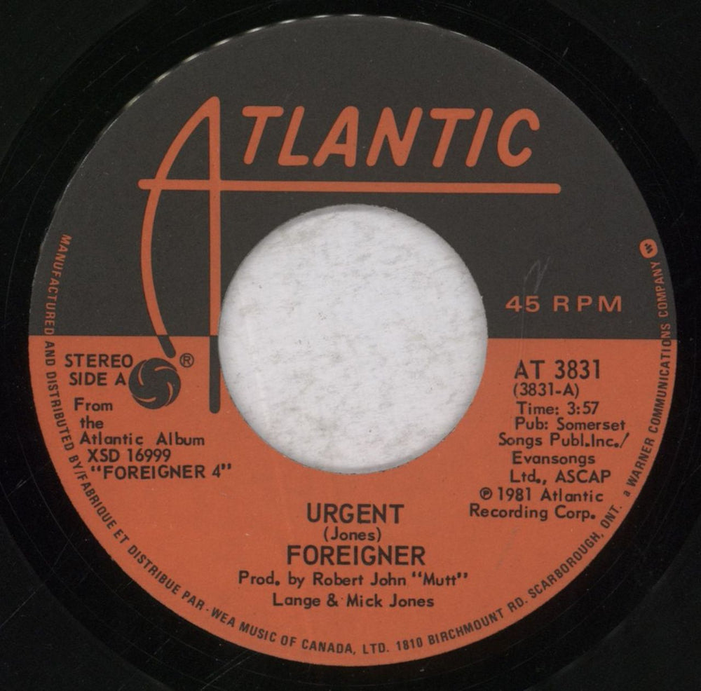 Foreigner Urgent Canadian 7" vinyl single (7 inch record / 45) AT3831