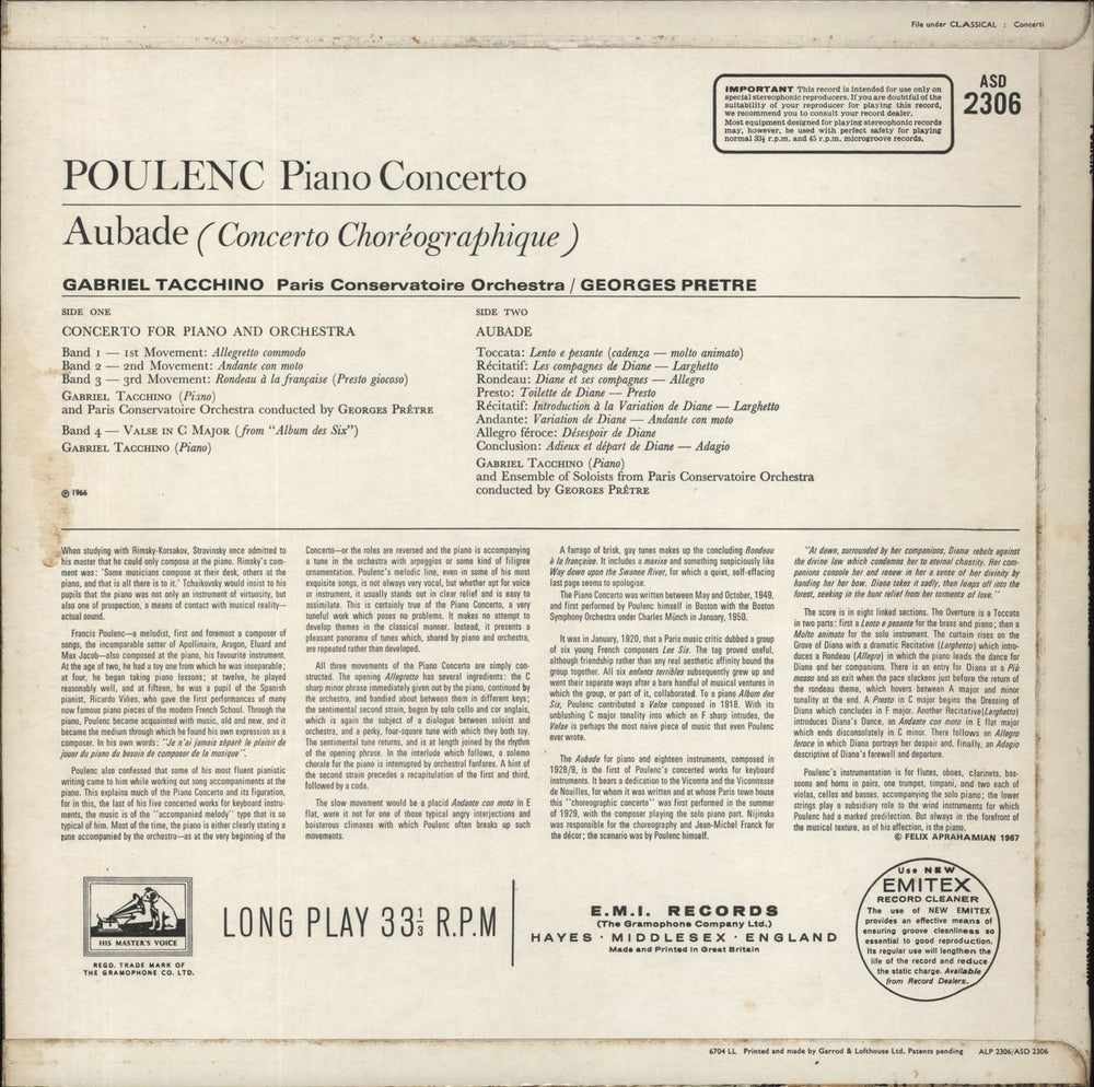 Francis Poulenc Poulenc: Piano Concerto / Aubade (Concerto Chorégraphique) UK vinyl LP album (LP record)