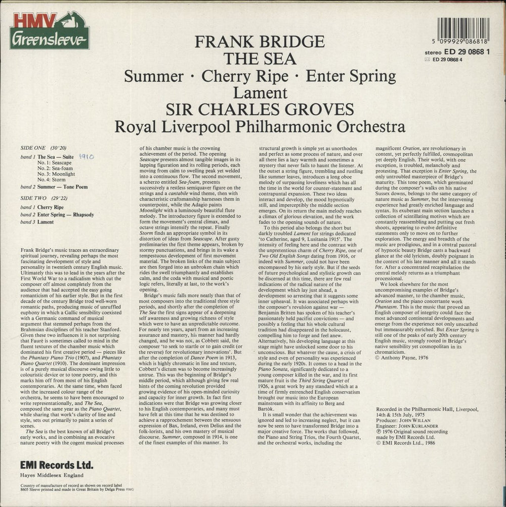 Frank Bridge The Sea / Summer / Cherry Ripe / Enter Spring / Lament UK vinyl LP album (LP record) 5099929086818