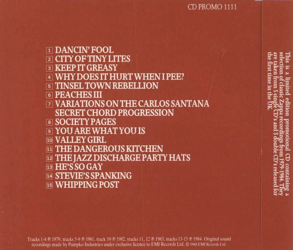 Frank Zappa Specialized Digital Audio Gratification UK Promo CD album (CDLP)