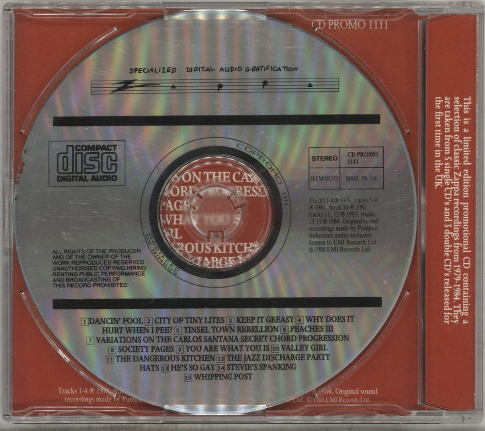 Frank Zappa Specialized Digital Audio Gratification UK Promo CD album (CDLP) ZAPCDSP15120