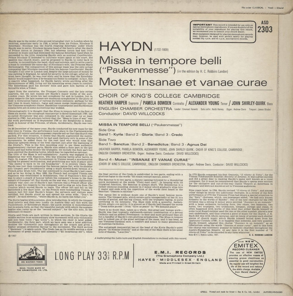 Franz Joseph Haydn Paukenmesse 'Missa in Tempore Belli' UK vinyl LP album (LP record)