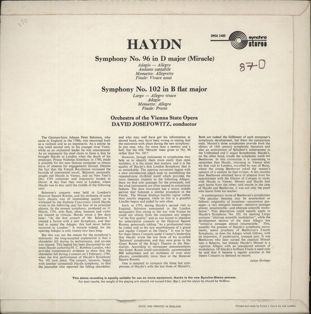 Franz Joseph Haydn Symphony No. 96 in D Major (Miracle) / Symphony No. 102 in B Flat Major UK vinyl LP album (LP record)