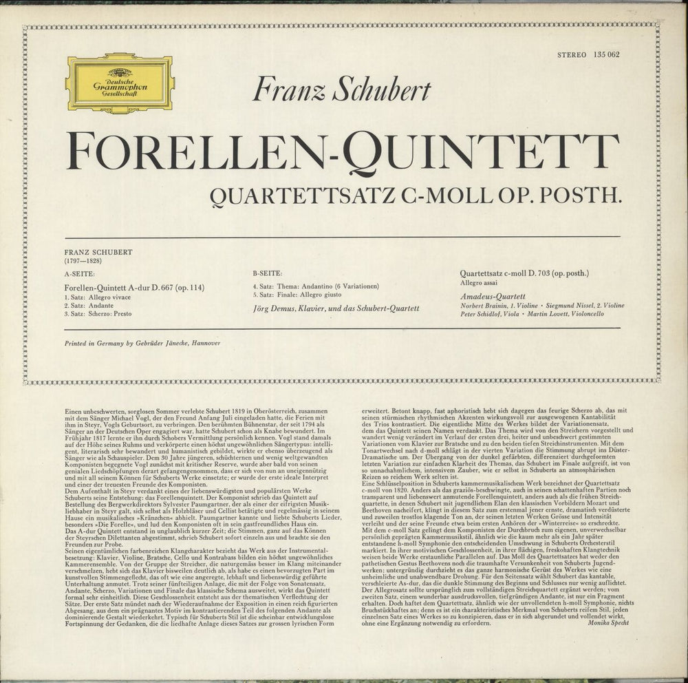Franz Schubert Schubert: Trout Quintet, Quartettsatz C Minor Op. Posth. German vinyl LP album (LP record)