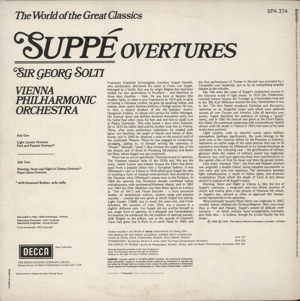 Franz Von Suppé Suppé Overtures UK vinyl LP album (LP record)