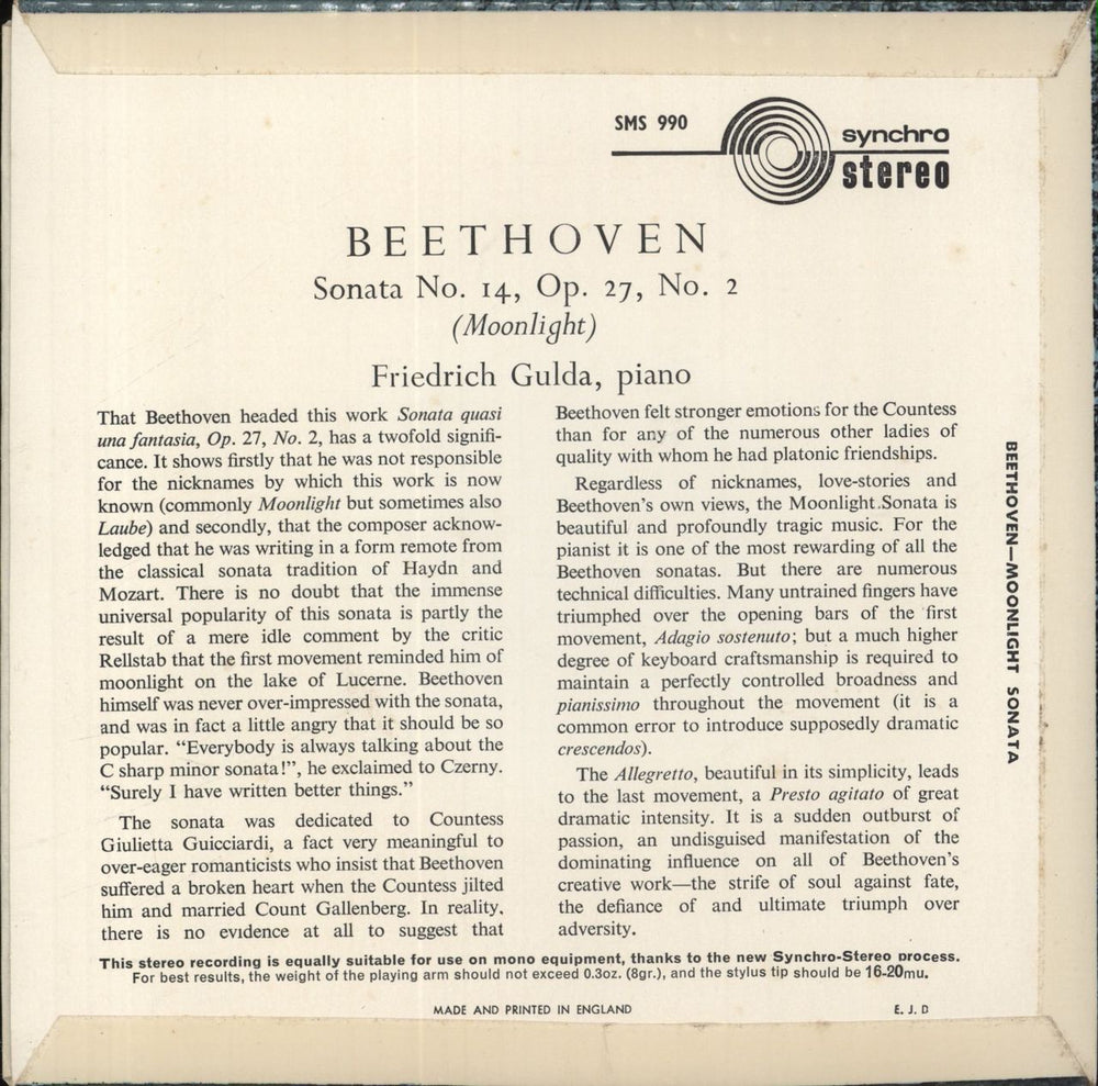 Friedrich Gulda Beethoven: Sonata No. 14, Op. 27, No. 2 (Moonlight) UK 7" vinyl single (7 inch record / 45)