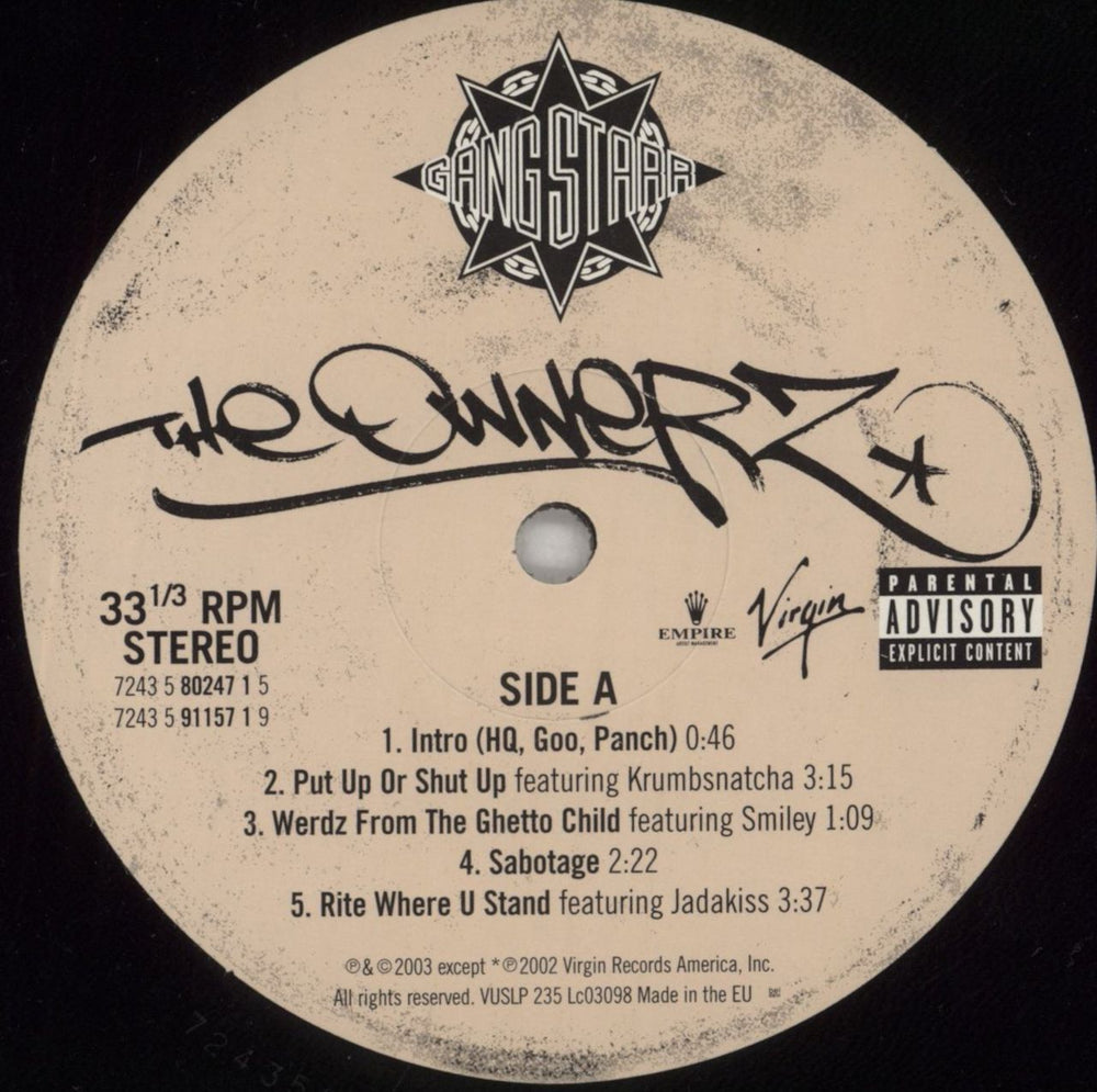 Gang Starr The Ownerz UK 3-LP vinyl record set (Triple LP Album) G-S3LTH248747