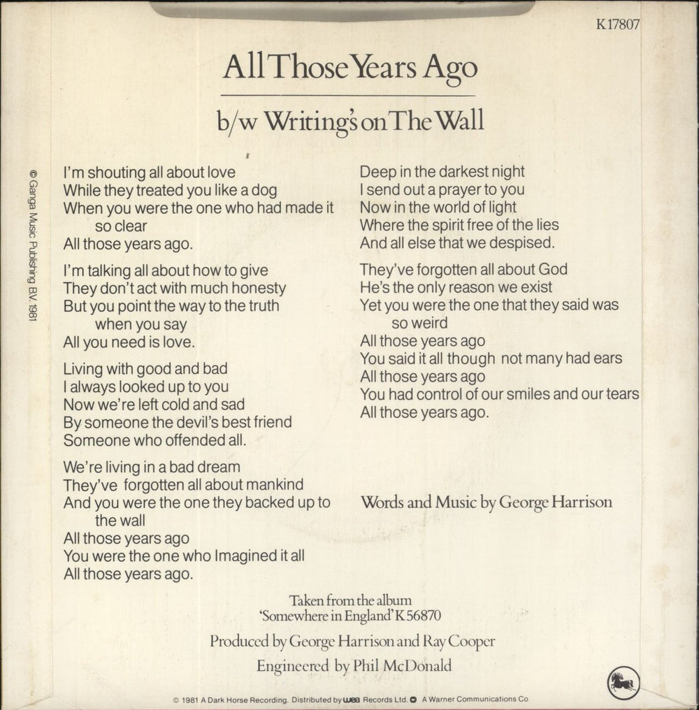 George Harrison All Those Years Ago + Sleeve UK 7" vinyl single (7 inch record / 45)