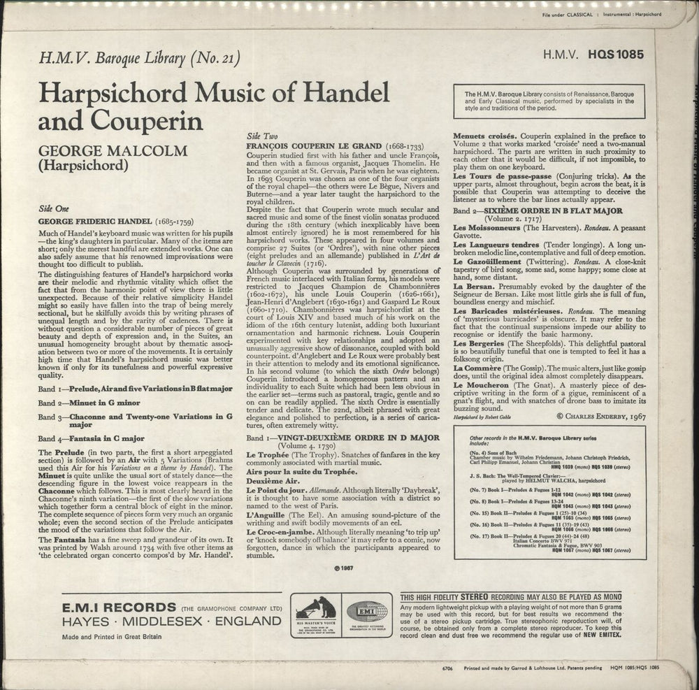 George Malcolm Plays Harpsichord Music of Handel And Couperin UK vinyl LP album (LP record)