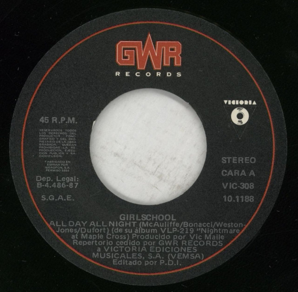 Girlschool Nightmare At Maple Cross: All Day All Night / Play With Fire - Autographed Spanish 7" vinyl single (7 inch record / 45) GSC07NI878345