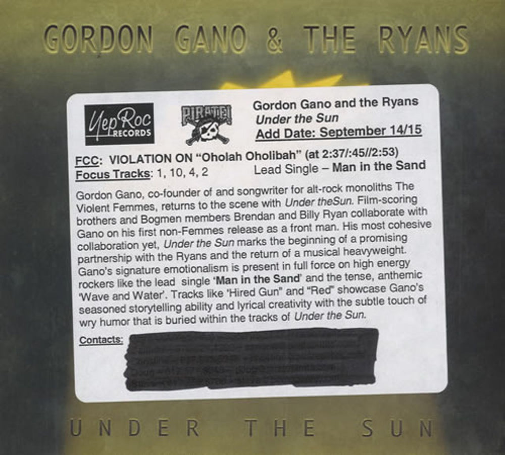 Gordon Gano Under The Sun US CD album (CDLP) YEP-2210