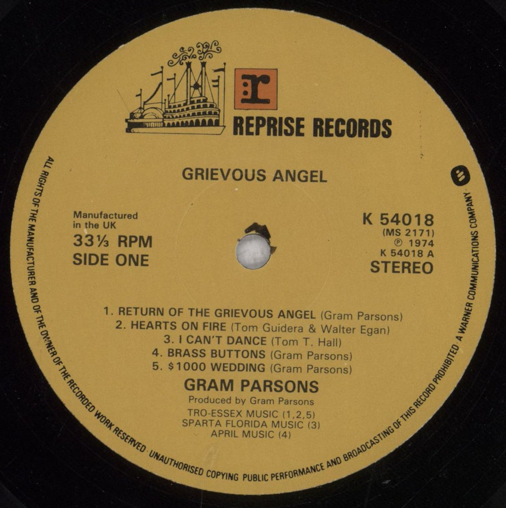 Gram Parsons Grievous Angel - 2nd UK vinyl LP album (LP record) GRMLPGR765456