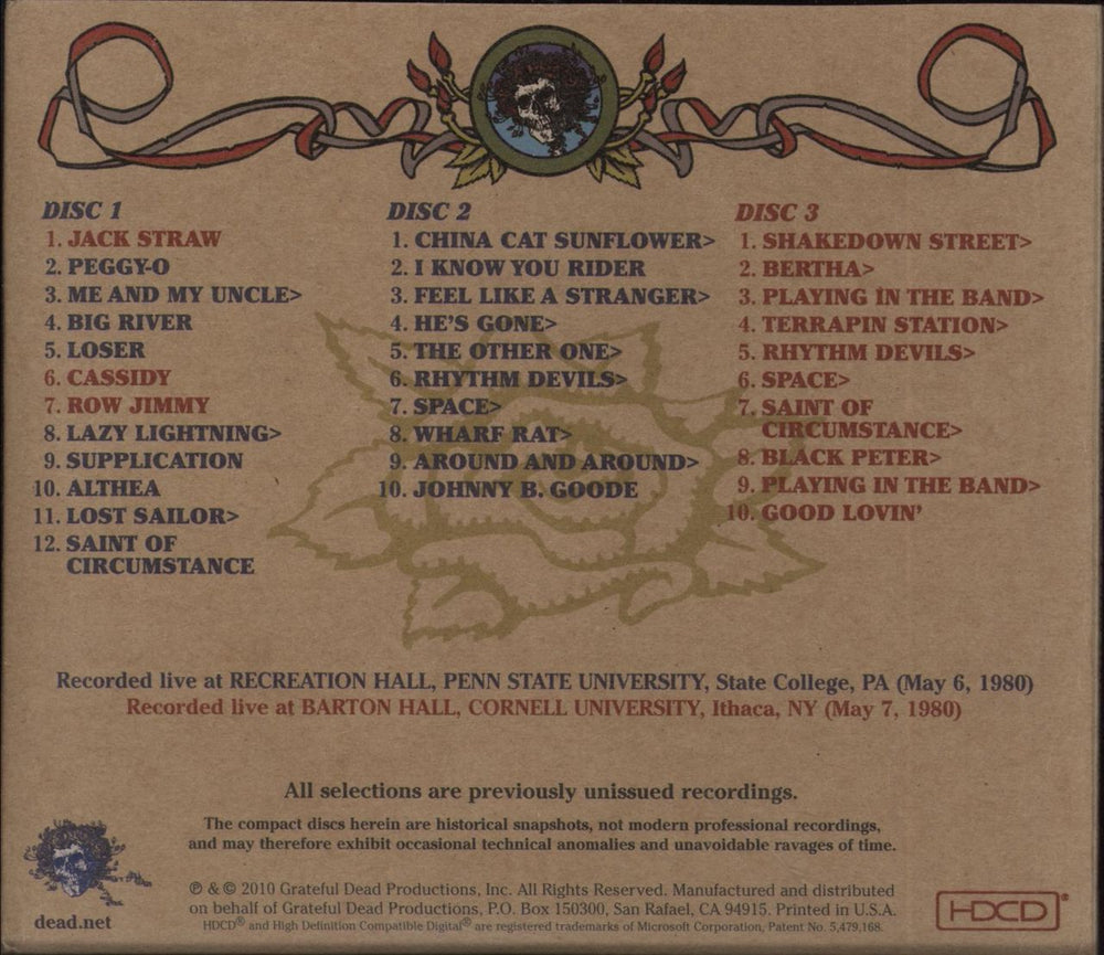 Grateful Dead Road Trips Vol. 3 No. 4: Penn State - Cornell '80 US 3-CD album set (Triple CD) GRA2-6017