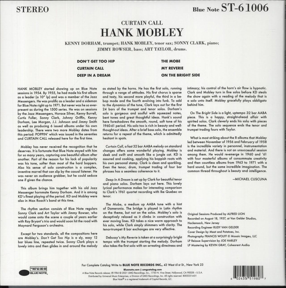 Hank Mobley Curtain Call - 180 Gram Vinyl UK vinyl LP album (LP record) 602435519807