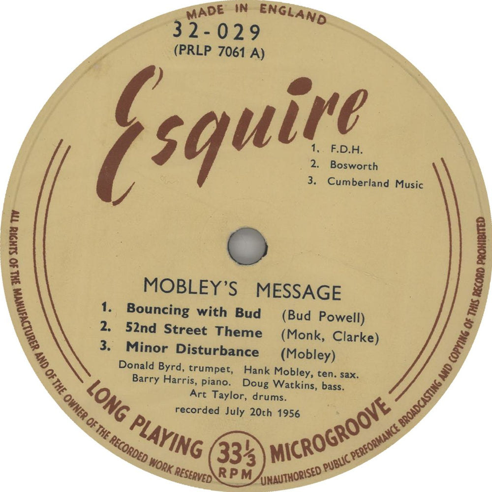 Hank Mobley Mobley's Message UK vinyl LP album (LP record)