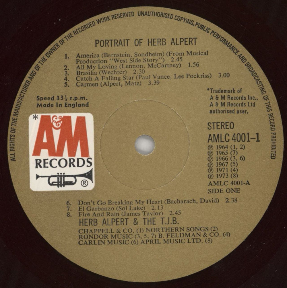 Herb Alpert Portrait Of - Price Stickered Sleeve UK vinyl LP album (LP record) HBALPPO859393