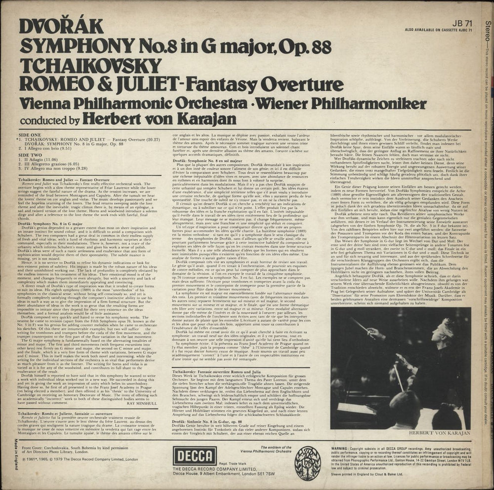 Herbert Von Karajan Dvorák Symphony No.8 In G Major, Op.88 / Tchaikovsky Romeo & Juliet - Fantasy Overture UK vinyl LP album (LP record)