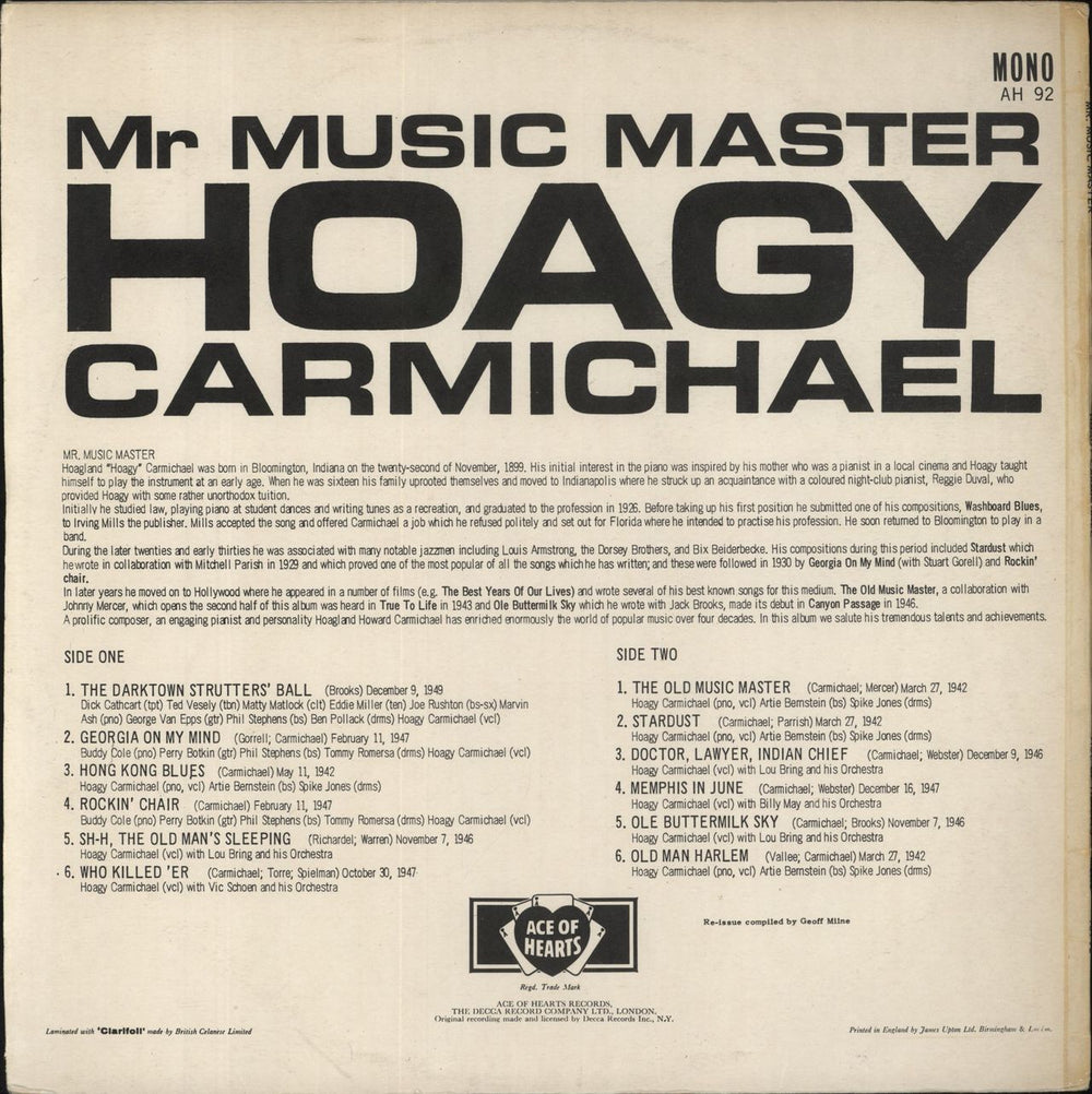 Hoagy Carmichael Mr Music Master UK vinyl LP album (LP record)
