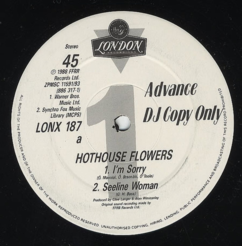 Hothouse Flowers I'm Sorry UK Promo 12" vinyl single (12 inch record / Maxi-single) LONX187