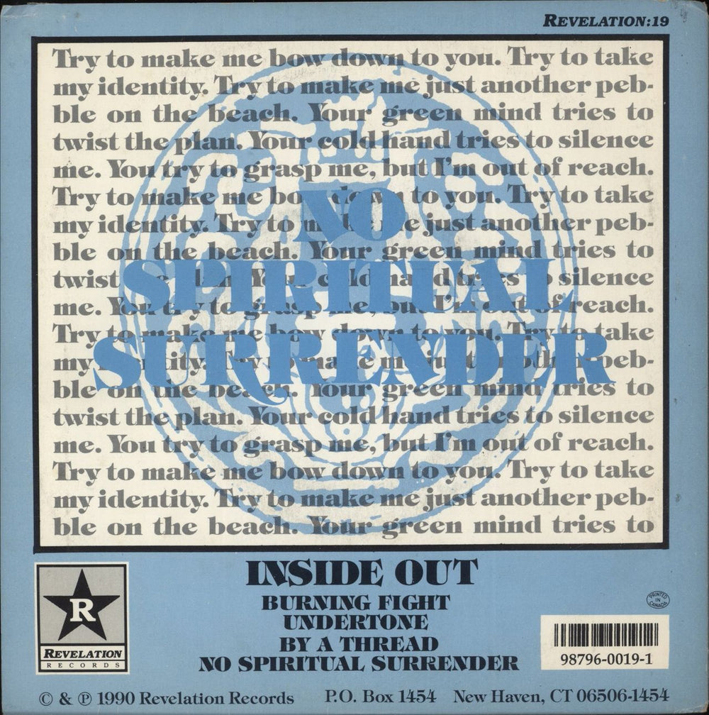 Inside Out No Spiritual Surrender - Black Vinyl - EX US 7" vinyl single (7 inch record / 45) 098796001912