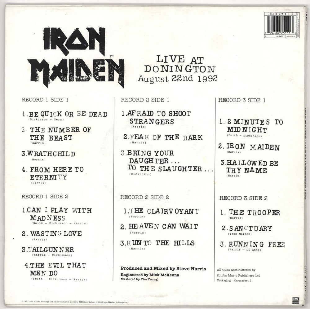 Iron Maiden Live At Donington UK 3-LP vinyl record set (Triple LP Album) IRO3LLI23754