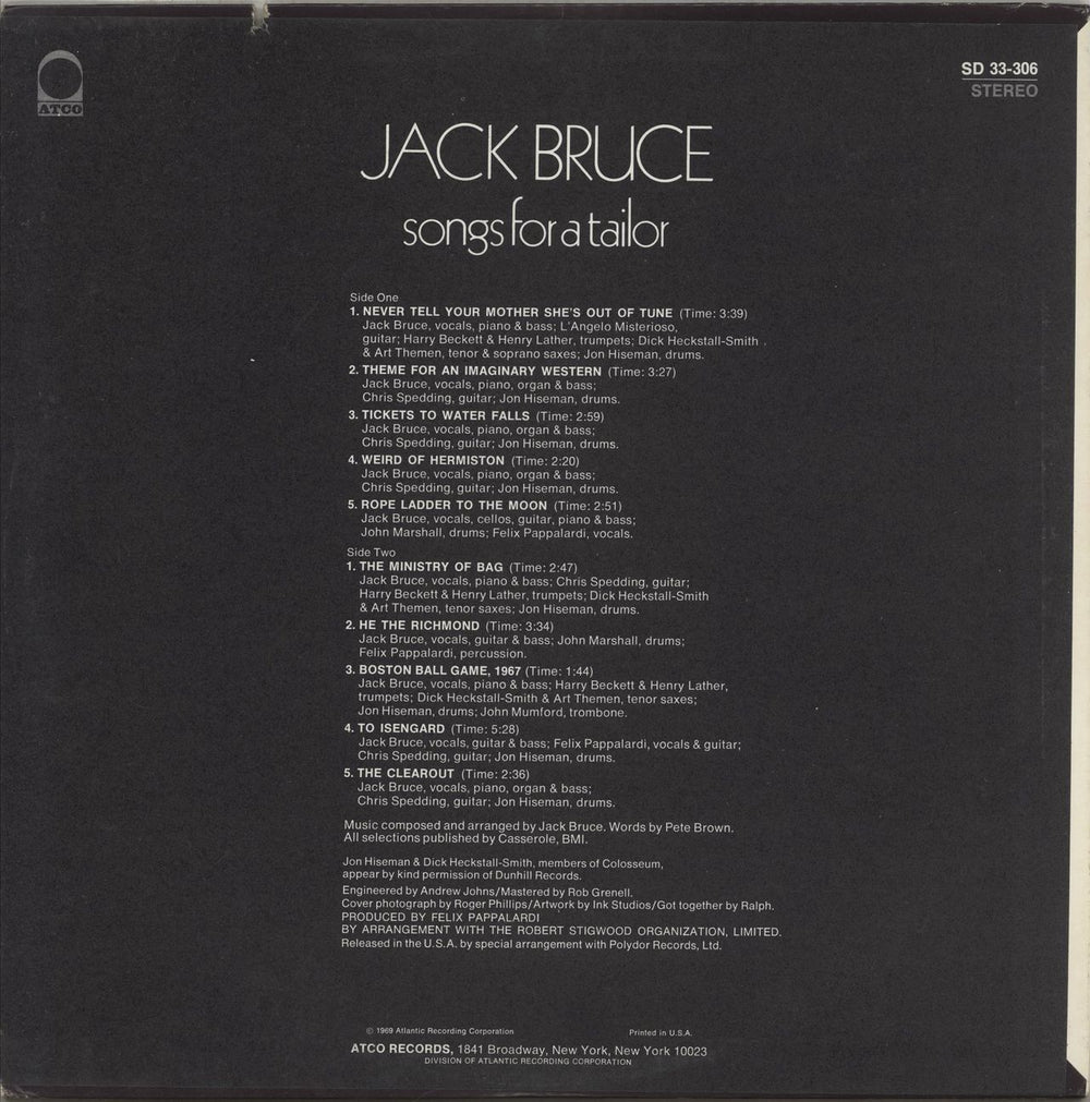 Jack Bruce Songs For A Tailor - Yellow Label US vinyl LP album (LP record)