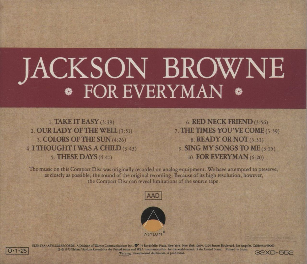 Jackson Browne For Everyman Japanese CD album (CDLP)