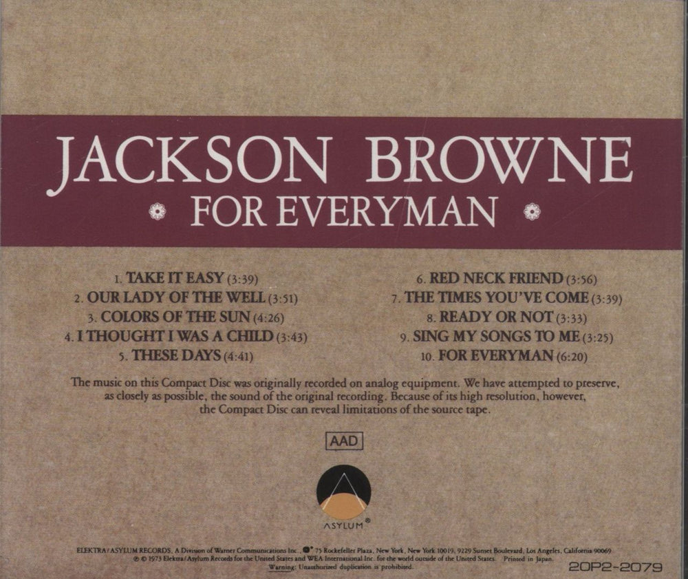 Jackson Browne For Everyman Japanese CD album (CDLP)