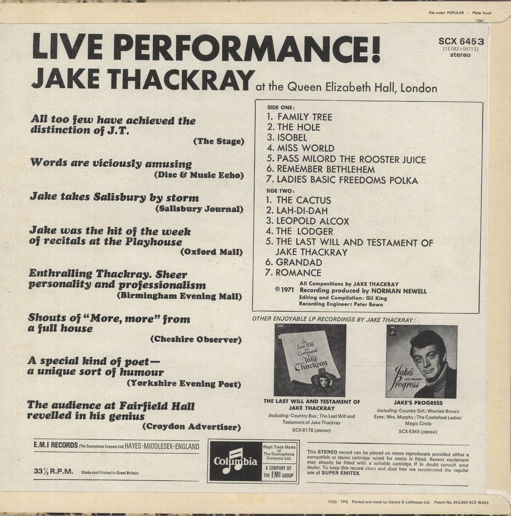 Jake Thackray Live Performance! UK vinyl LP album (LP record)