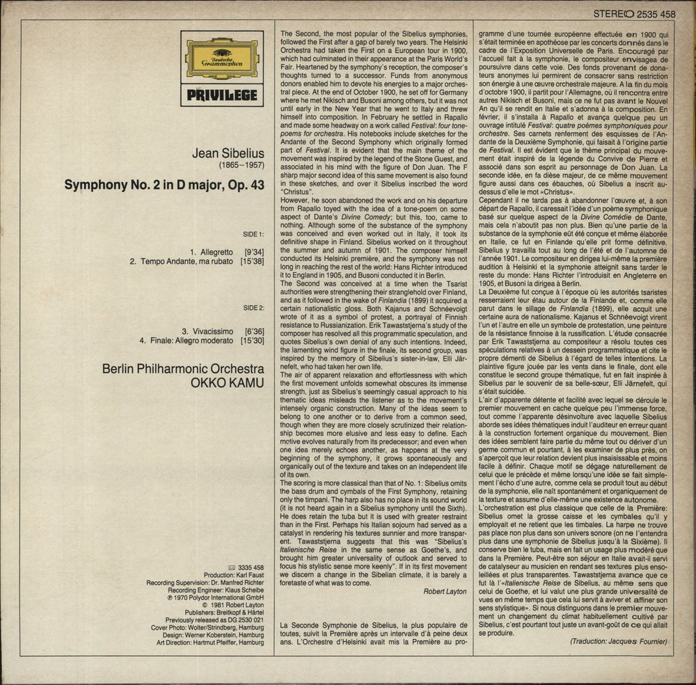 Jean Sibelius Sibelius: Symphonie Nr. 2 D-dur (In D Major · En Ré Majeur) Op. 43 UK vinyl LP album (LP record)