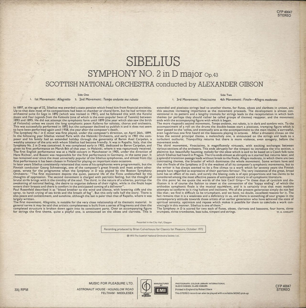 Jean Sibelius Sibelius: Symphony No.2 In D UK vinyl LP album (LP record)