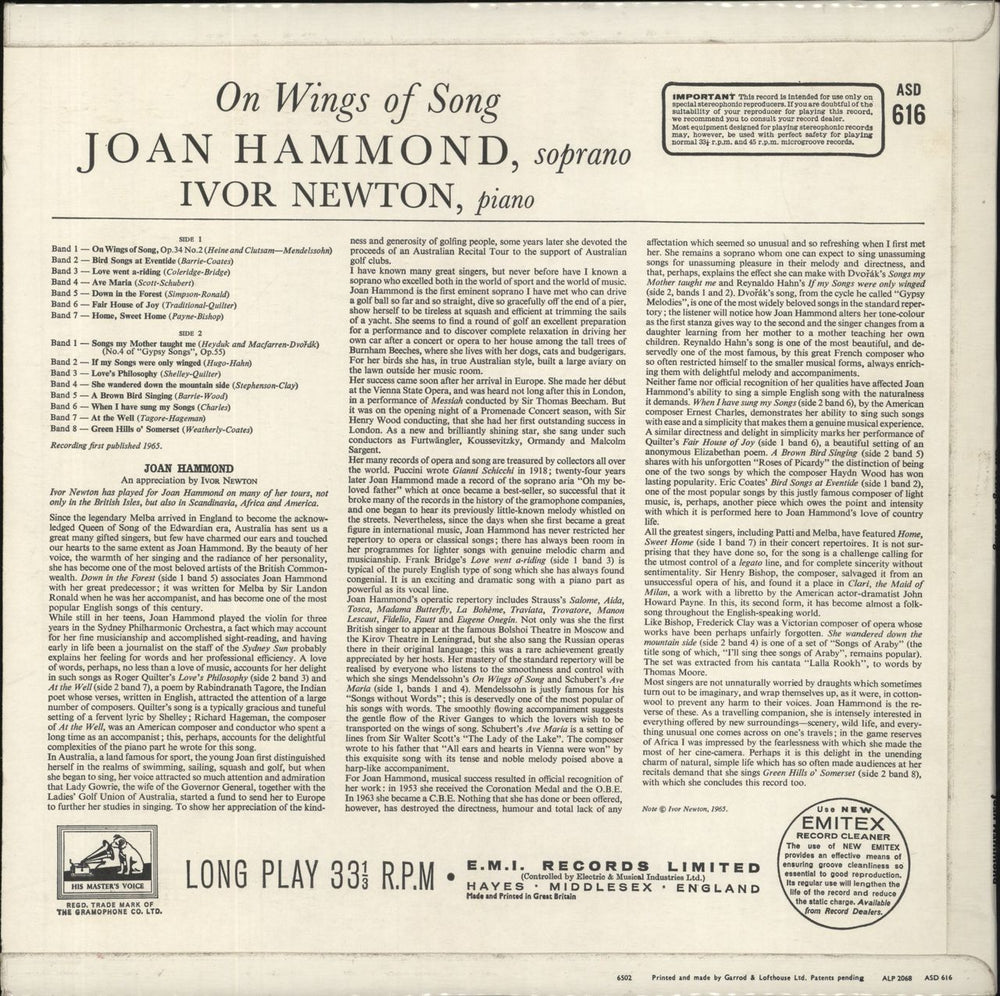 Joan Hammond On Wings Of Song UK vinyl LP album (LP record)