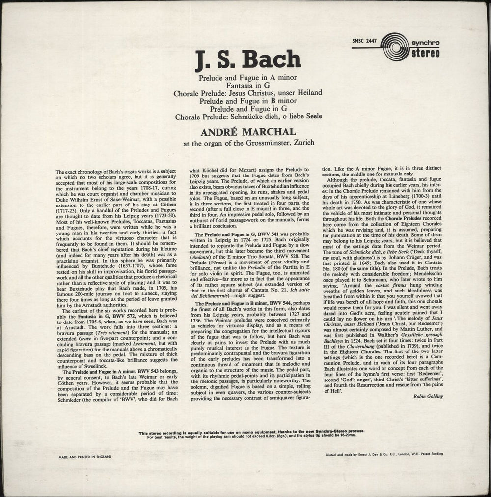 Johann Sebastian Bach Bach: Te Deum / Kindertotenlieder UK vinyl LP album (LP record)