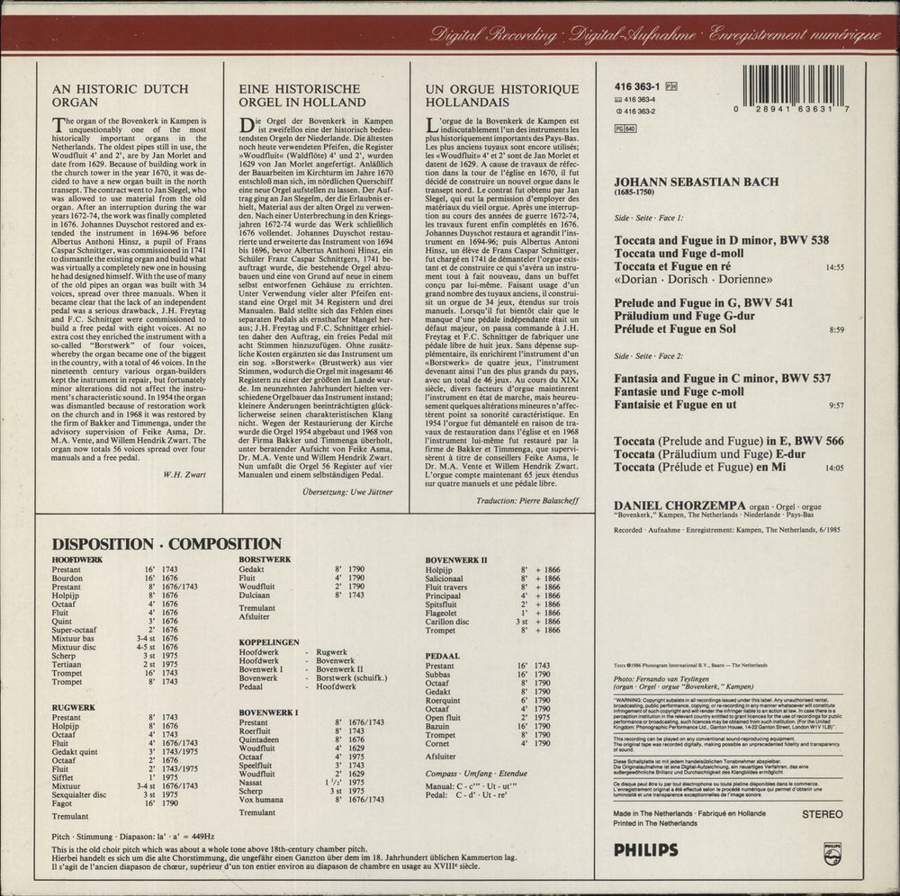 Johann Sebastian Bach J. S. Bach: Preludes And Fugues, BWV 537, 538 «Dorian» & 541, Toccata BWV 566 Dutch vinyl LP album (LP record) 028941636317