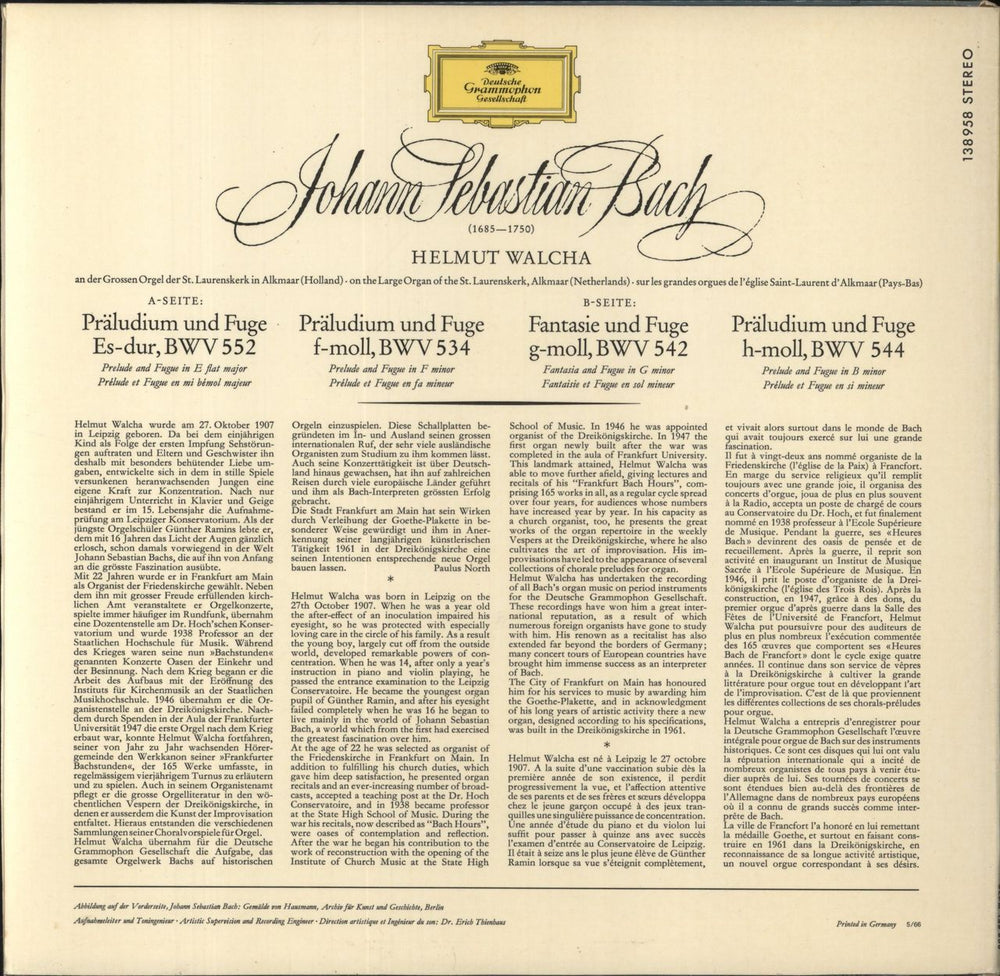 Johann Sebastian Bach Récital D'Orgue German vinyl LP album (LP record)