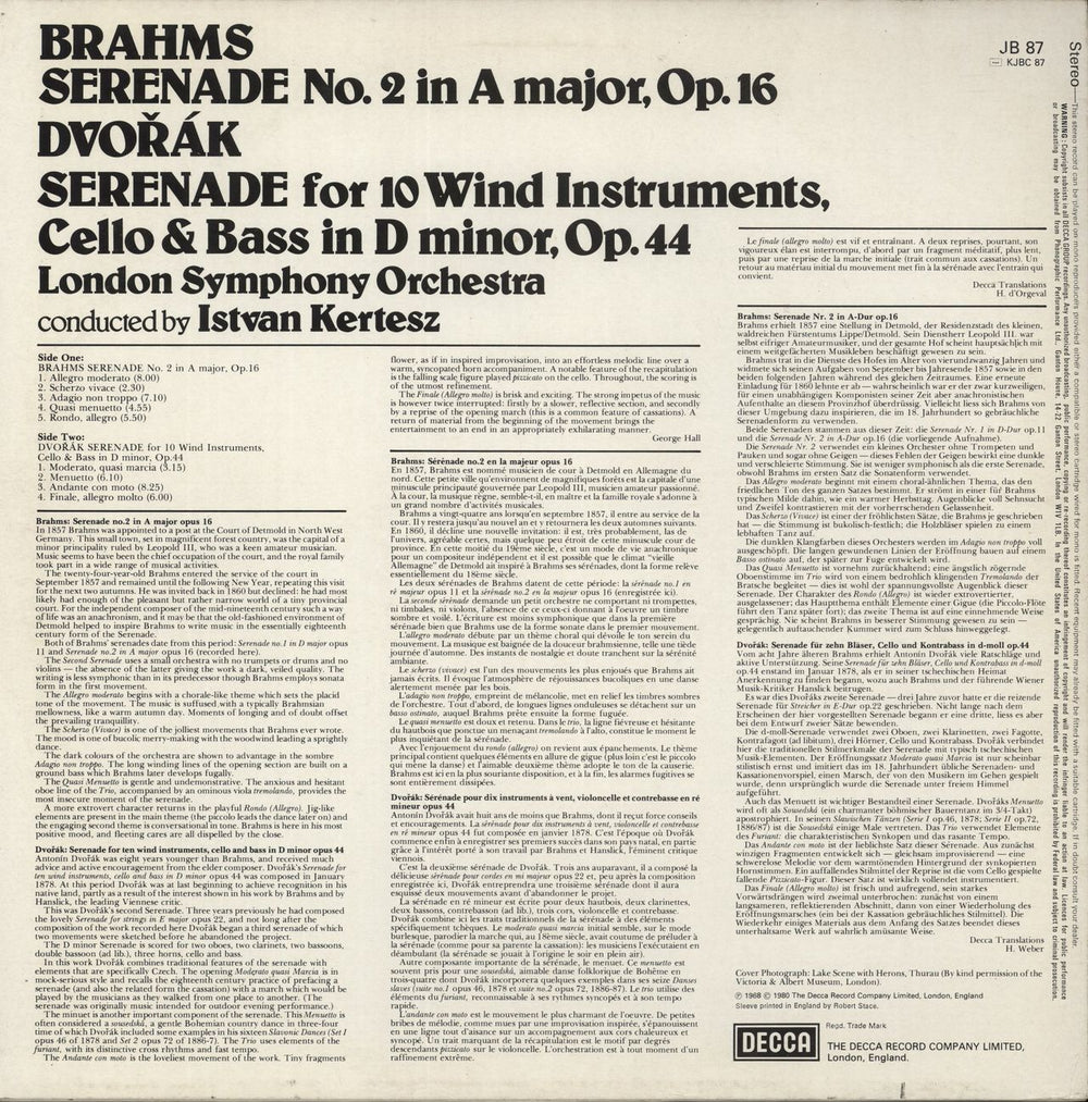 Johannes Brahms Brahms: Serenade No. 2 In A Major, Op. 16 / Dvorak: Serenade In D Minor, Op. 44 UK vinyl LP album (LP record)
