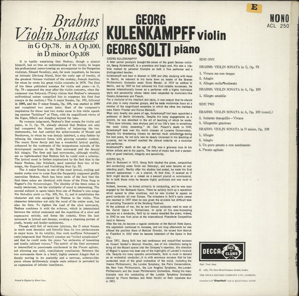 Johannes Brahms Brahms: Violin Sonatas UK vinyl LP album (LP record)