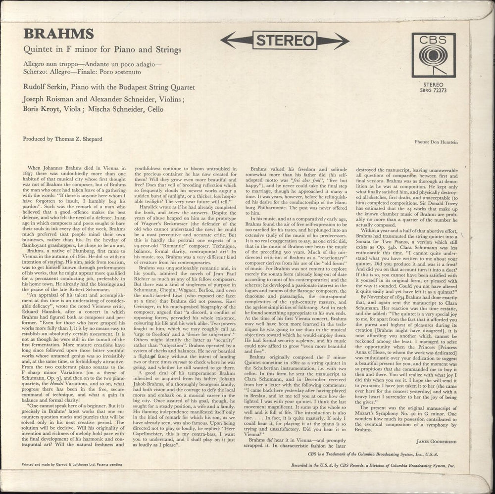 Johannes Brahms Johannes Brahms Piano Quintet In F Minor UK vinyl LP album (LP record)