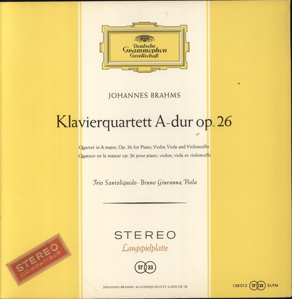 Johannes Brahms Klavier-Quartett A-Dur Op. 26 German vinyl LP album (LP record) SLPM138015