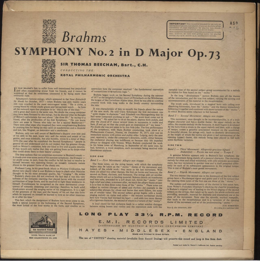 Johannes Brahms Symphony No. 2 in D Major, Op.73 - EX UK vinyl LP album (LP record)