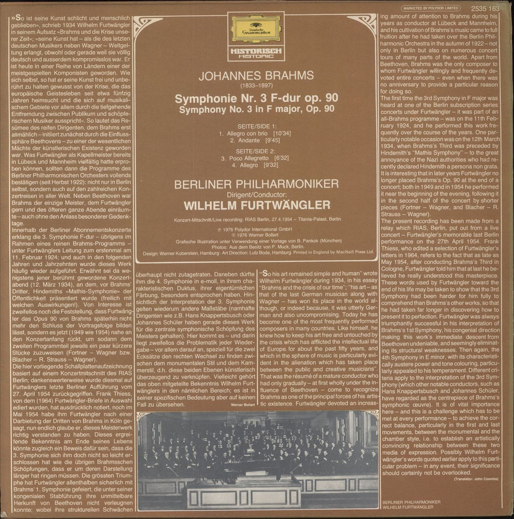 Johannes Brahms Symphony No. 3 in F Major, Op. 30 UK vinyl LP album (LP record)